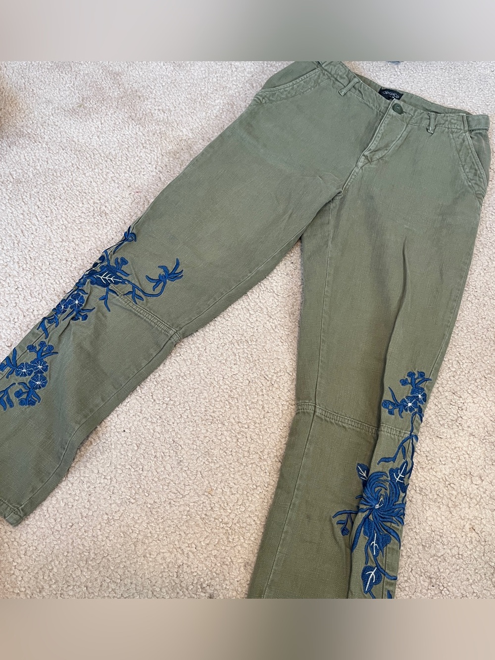 Topshop Olive Pants with Blue Floral Embroidery